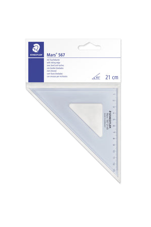Mars 567 21-45 set square in a clear bag with a Staedtler header card reading Mars 567, with inking edge, a 45 degree symbol and 21 cm