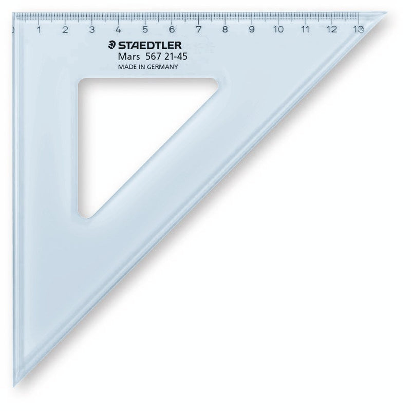 Translucent blue 45 degree Staedtler set square printed STAEDTLER Mars 567 21-45 Made in Germany, with a mm scale along one edge