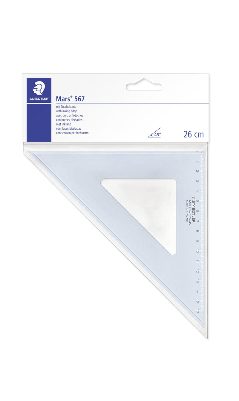 Staedtler Mars 567 26-45 set square packed in a clear bag, white header card showing Mars 567, with inking edge, a 45 degree mark and 26 cm