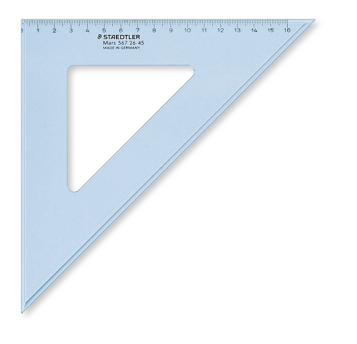 The 26 cm Staedtler Mars 567 26-45 set square on its own, translucent blue with a mm scale and Made in Germany printed near the corner