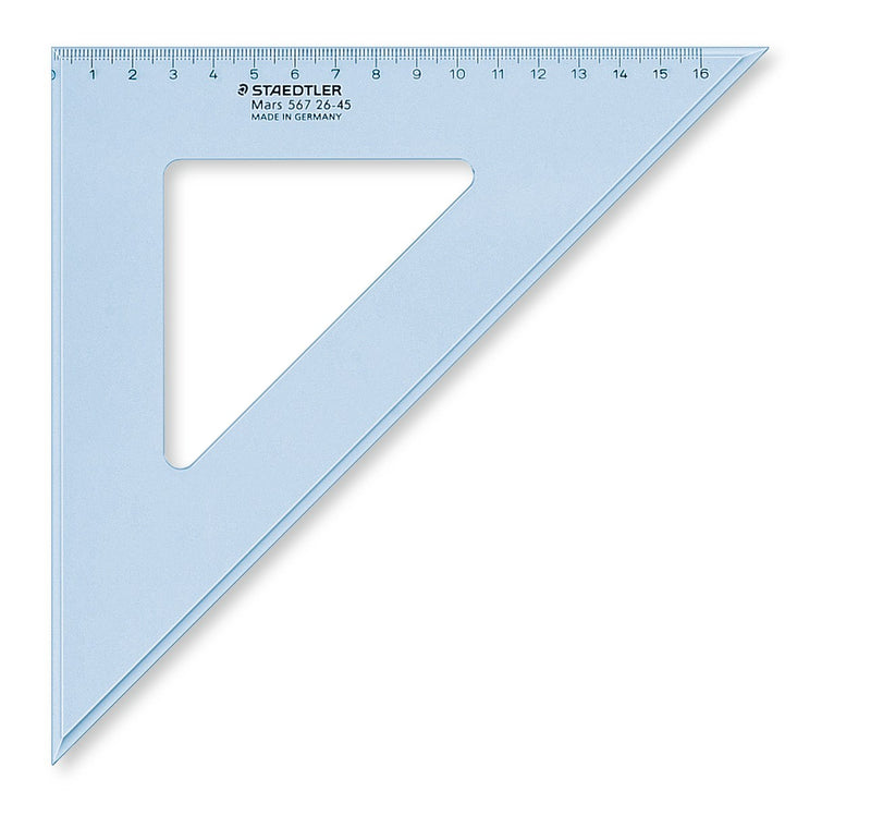 The 26 cm Staedtler Mars 567 26-45 set square on its own, translucent blue with a mm scale and Made in Germany printed near the corner