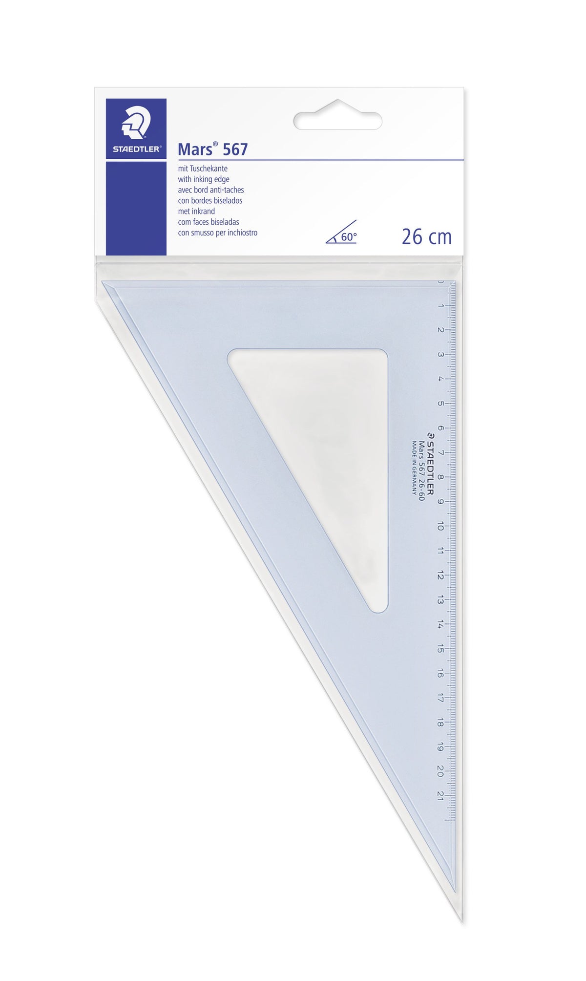 Staedtler Mars 567 set square, 26 cm, 60 and 30 degree, in its white and blue hanging card with the angle diagram and 26 cm length printed on the header