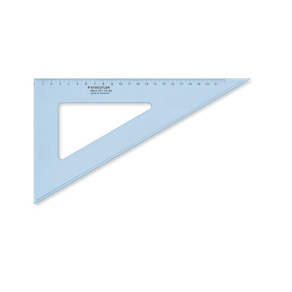Transparent blue Staedtler Mars 567 26-60 set square on white, numbered scale along the top edge and the Staedtler name printed beneath it