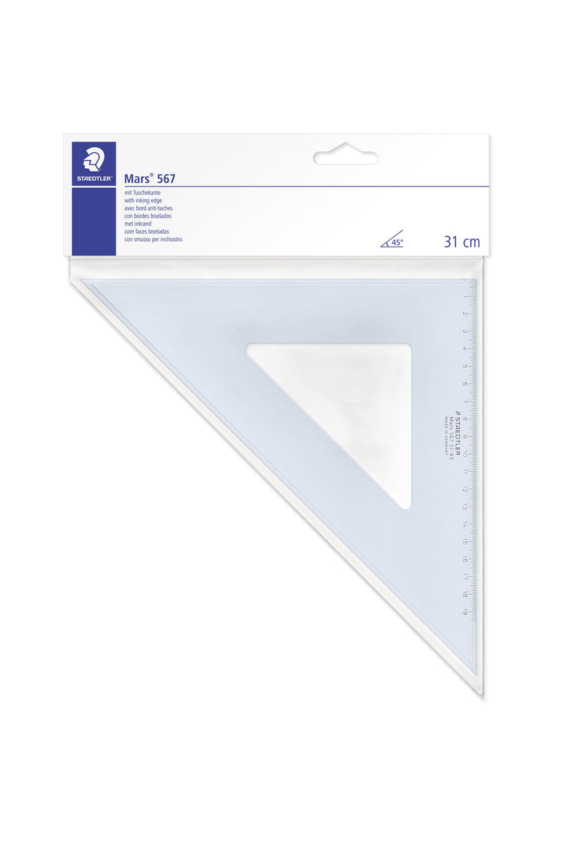 Staedtler Mars 567 31 cm 45 degree set square inside its hanging card, header printed with inking edge in six languages and a 31 cm label