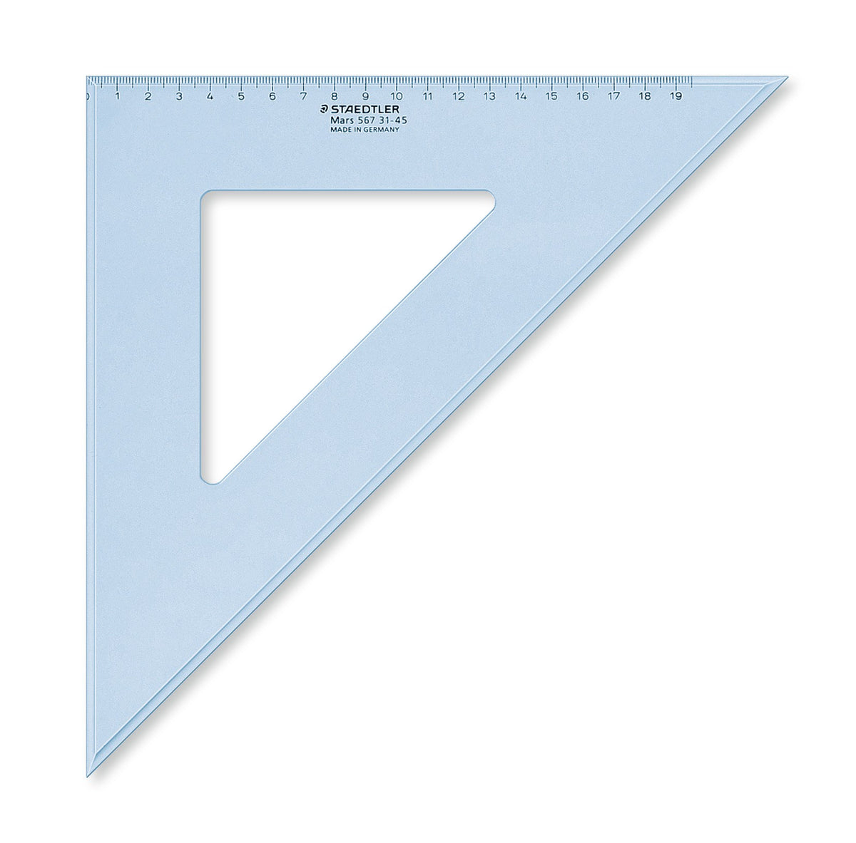 Clear blue Mars 567 31-45 set square, right angle at the bottom left, centimetre numbers along the top edge and MADE IN GERMANY under the Staedtler logo