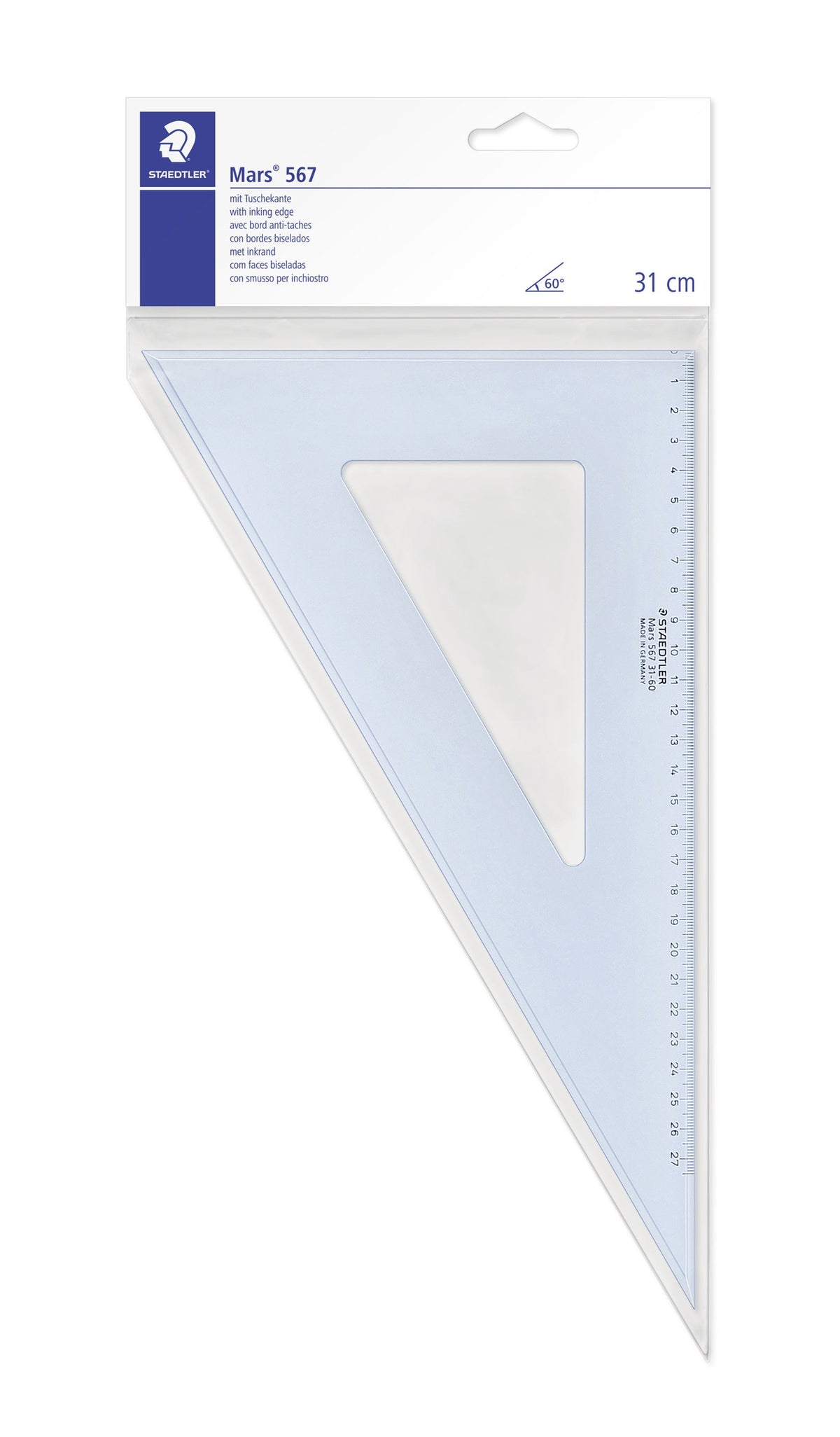 Mars 567 set square, 31 cm with a 60 degree angle, packed on a Staedtler hanging card that shows the angle symbol and 31 cm at the top right