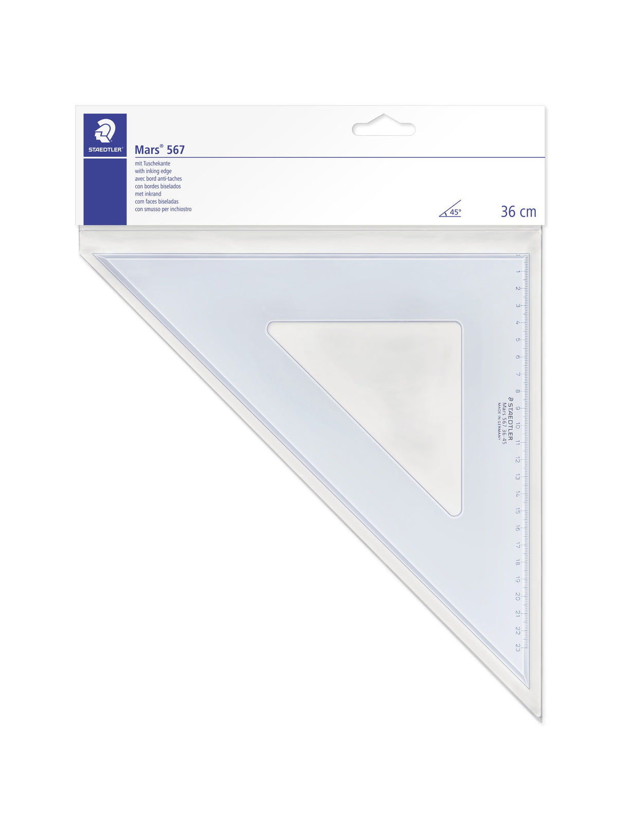 Staedtler Mars 567 36 cm 45 degree set square held in a white hanging card with a blue Staedtler panel, the length 36 cm printed at the right