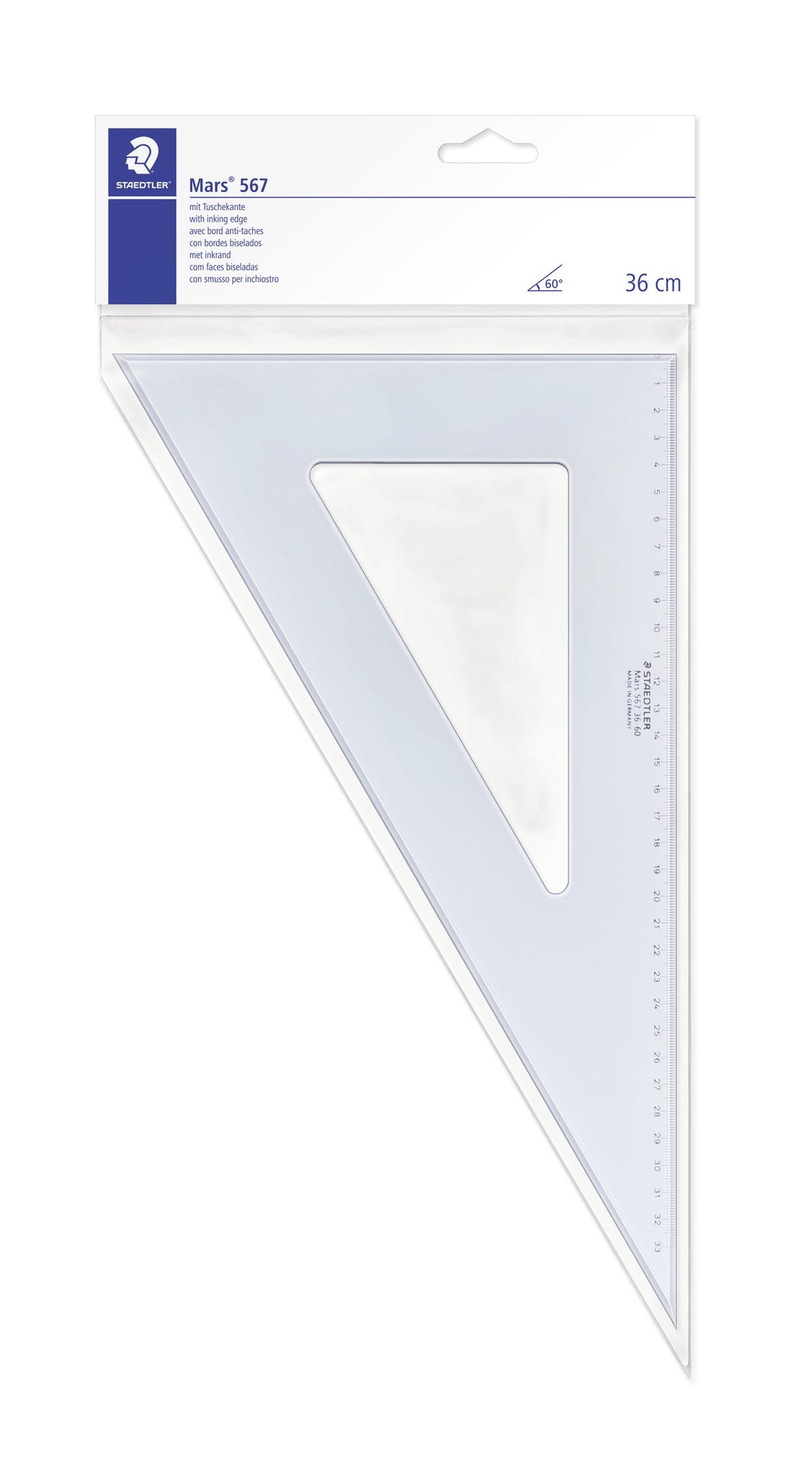 Tall Staedtler hanging card holding a 36 cm Mars 567 set square with a 60 degree angle, card header listing inking edge in several languages