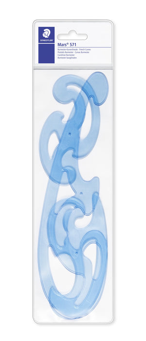 Staedtler Mars 571 french curves in their hanging wallet, three transparent blue shapes stacked one above another behind the label