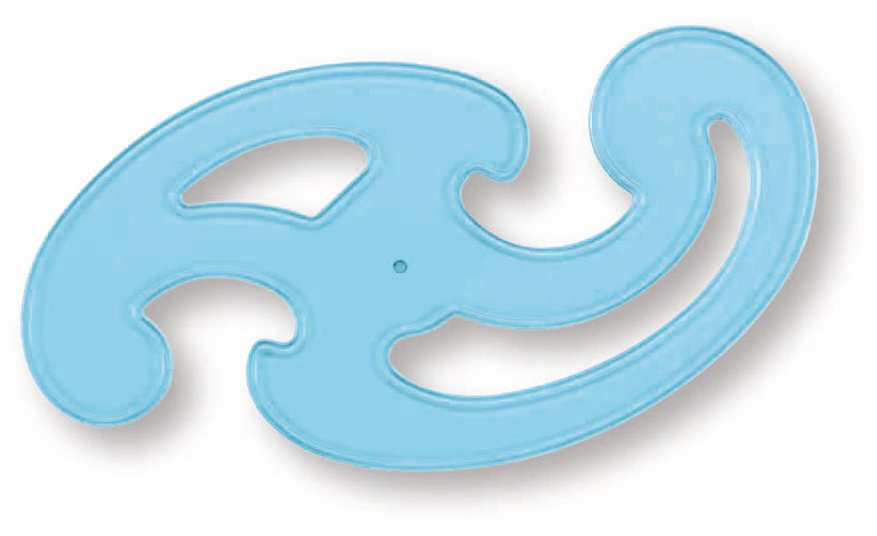 A compact Staedtler 571 french curve in transparent blue with a tight scroll at one end and a hook at the other