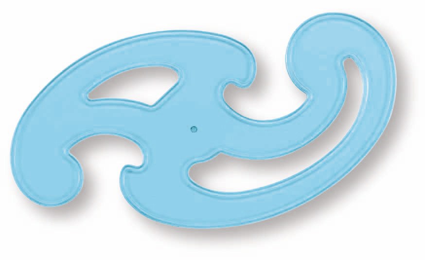 A compact Staedtler 571 french curve in transparent blue with a tight scroll at one end and a hook at the other