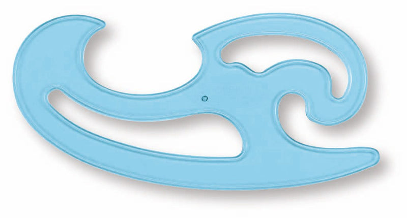 A broad Staedtler 571 french curve in transparent blue with a deep central cut-out and a rolling outer edge