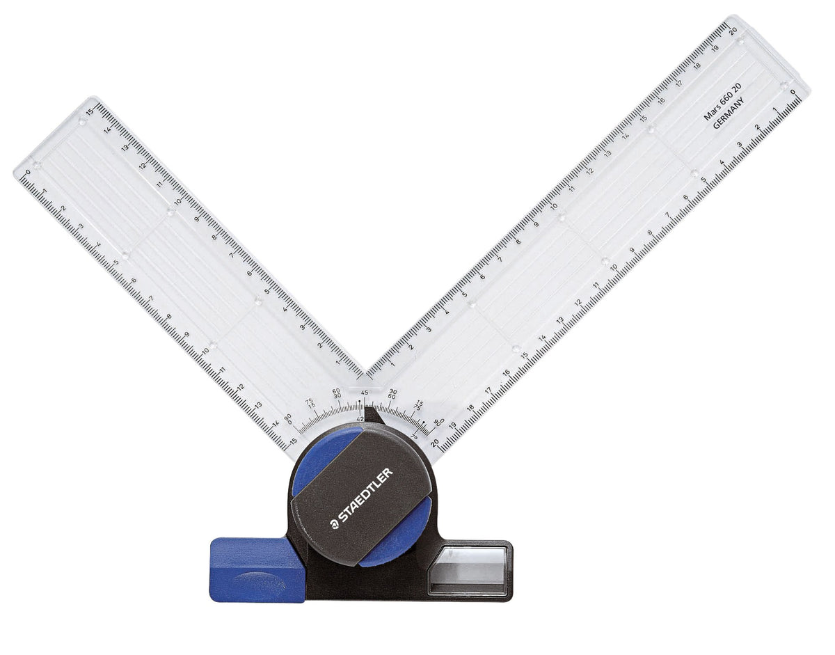Staedtler Mars 660 20 drafting head: two clear rulers with printed scales meeting at a right angle above a round black and blue protractor dial with a blue push-button