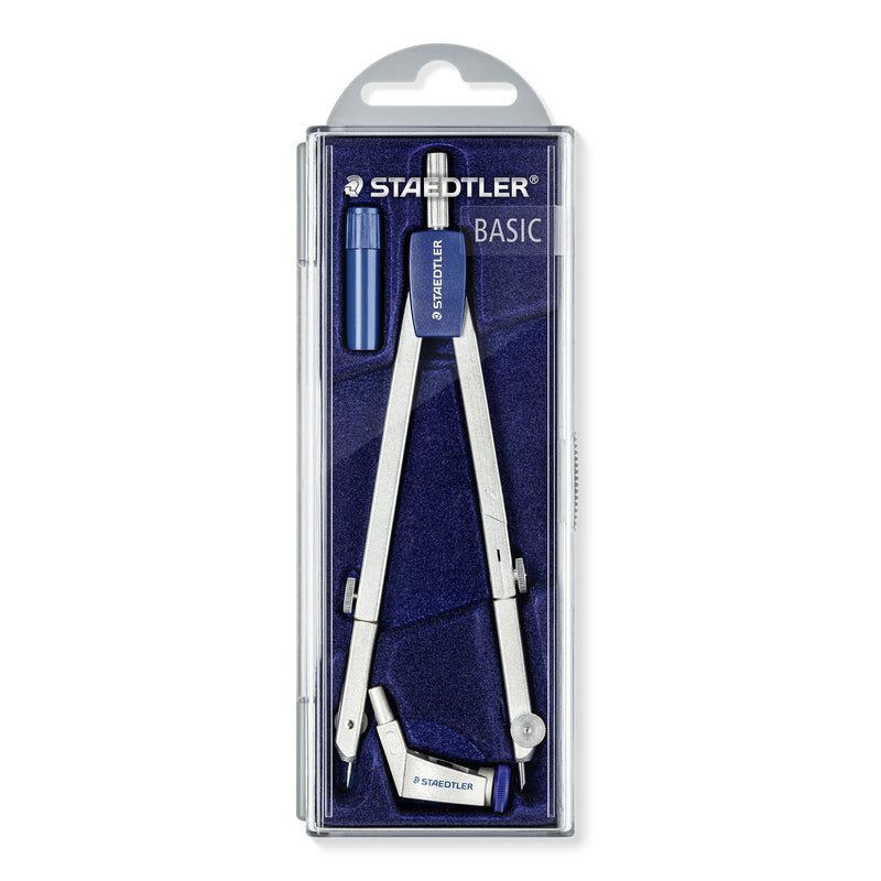 Staedtler Mars basic 554 T01 in its clear hinged case on a navy card marked BASIC, the silver compass with blue head beside a blue spares box