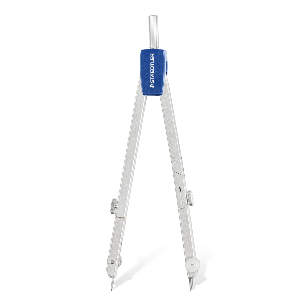 Mars basic 554 compass on its own, standing upright with legs closed, showing the blue head and the hinged lead leg and needle shoe