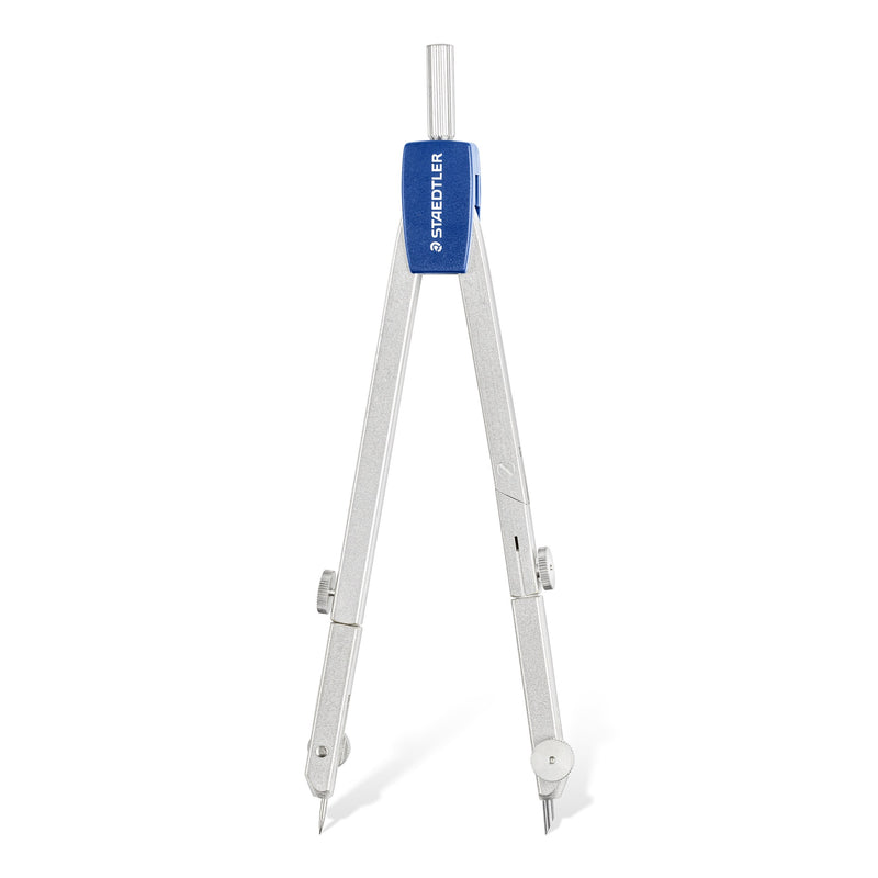 Mars basic 554 compass on its own, standing upright with legs closed, showing the blue head and the hinged lead leg and needle shoe