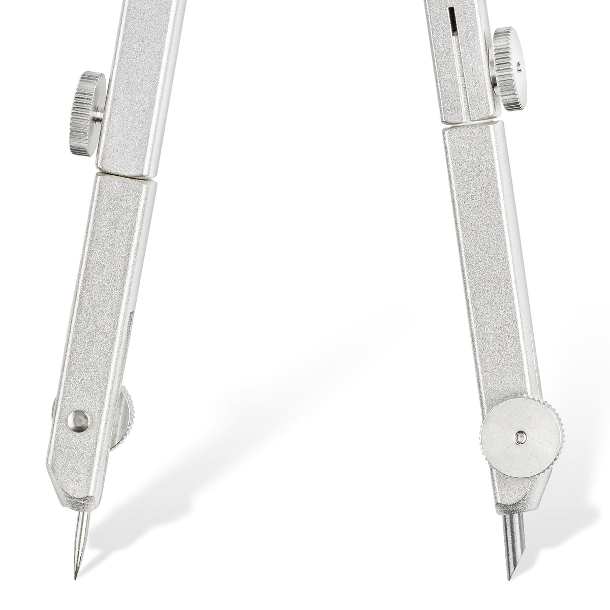 Close-up of the 554 compass leg tips: the hinged needle shoe and the lead leg with its adjusting knob