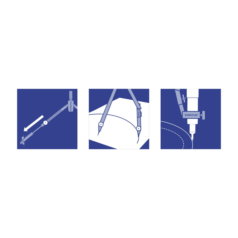 Three Staedtler pictograms in blue: telescopic extension bar sliding from the leg, hinged leg and needle shoe, and the universal adapter holding a pen