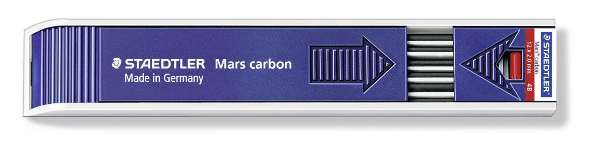 Side view of the Staedtler Mars carbon 200-4B tray, dark blue plastic case with a red end label marked 4B