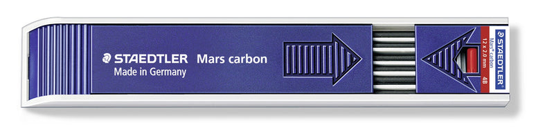 Side view of the Staedtler Mars carbon 200-4B tray, dark blue plastic case with a red end label marked 4B