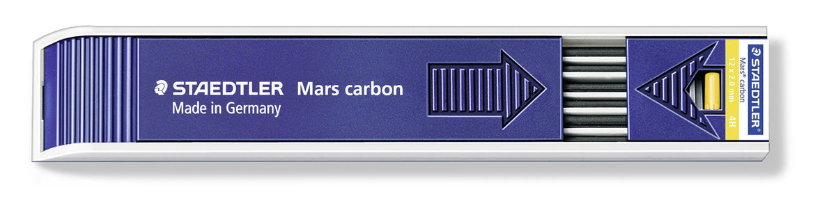 Staedtler Mars carbon 200-4H tray seen from the side, Made in Germany print and a yellow 4H label at one end