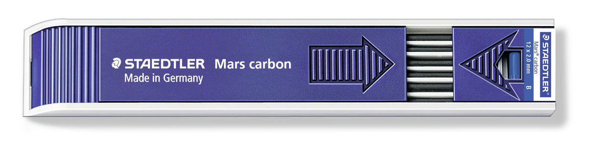 Staedtler Mars carbon 200-B tray from the side, navy plastic case with Made in Germany text and a blue B label