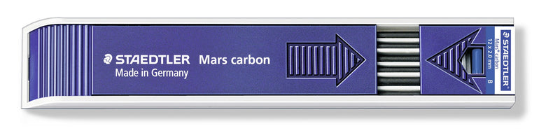Staedtler Mars carbon 200-B tray from the side, navy plastic case with Made in Germany text and a blue B label