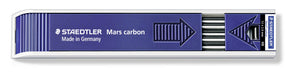 Blue Staedtler Mars carbon lead tray printed Made in Germany, holding twelve 2 mm HB leads behind a clear window