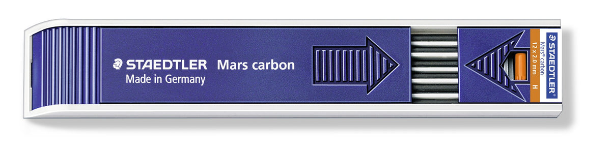 Long side of the Staedtler Mars carbon 200-H tray, blue case with an orange H label at the right-hand end