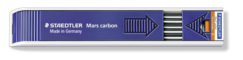 Long side of the Staedtler Mars carbon 200-H tray, blue case with an orange H label at the right-hand end