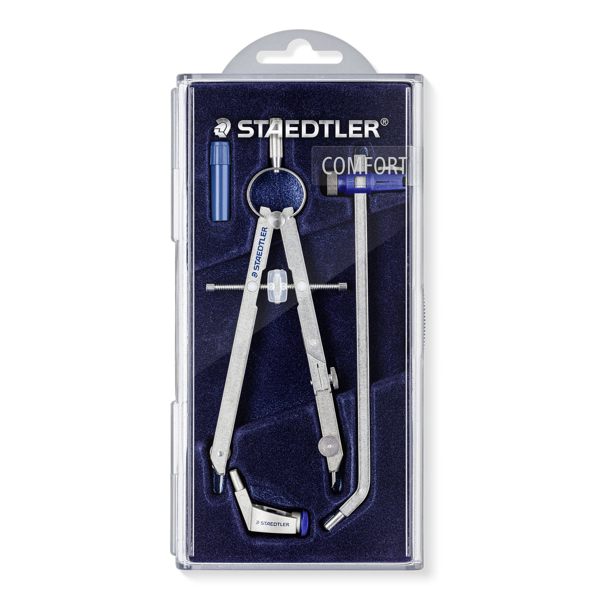 Staedtler Mars comfort 551 02 set in its clear hinged case on a navy COMFORT card, silver masterbow compass with a bent extension bar and blue spares box