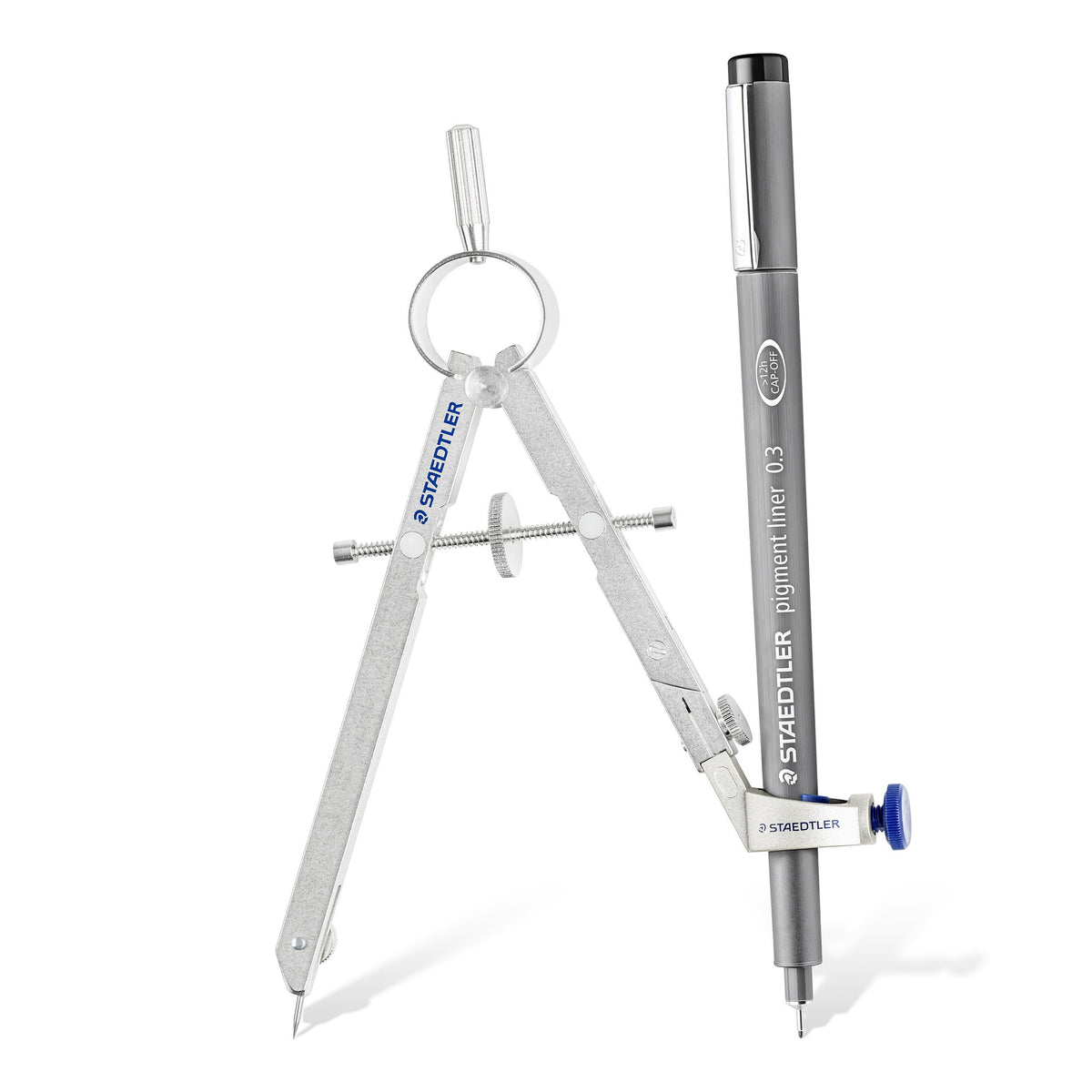 Mars comfort 551 compass with the universal adapter fitted, holding a black Staedtler fineliner as the drawing leg