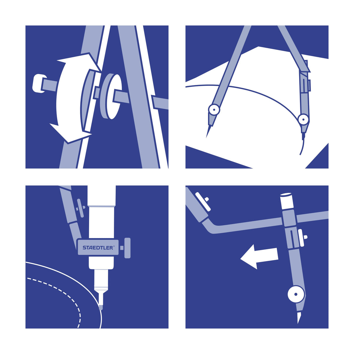 Four Staedtler pictograms in blue: centre wheel, hinged leg and needle shoe on a wide arc, universal adapter, and extension bar on the needle leg