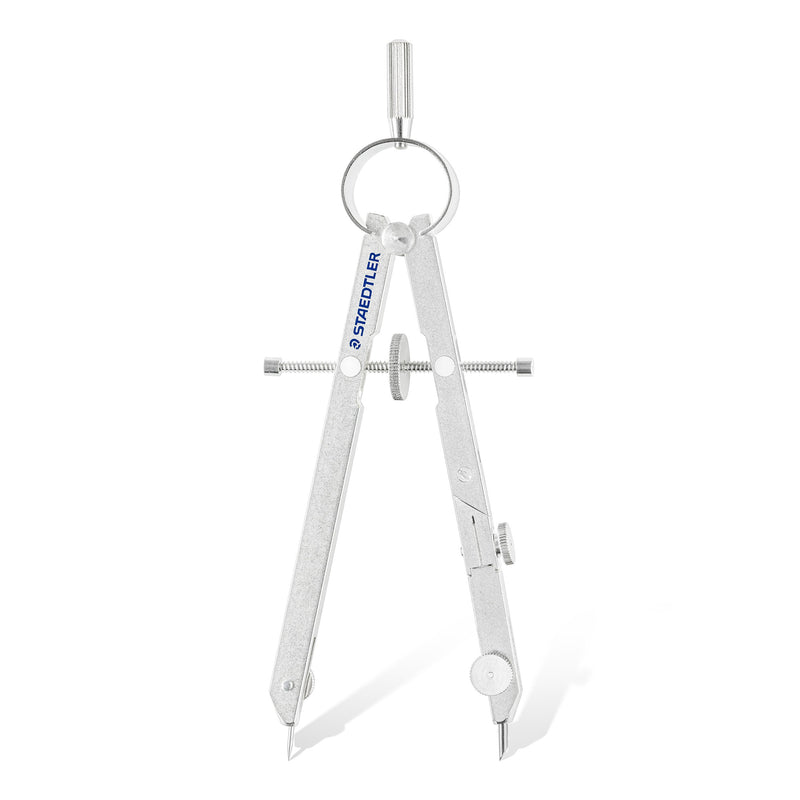 Mars comfort 551 compass upright with legs closed, showing the ring top, threaded spindle, centre wheel and hinged needle shoe