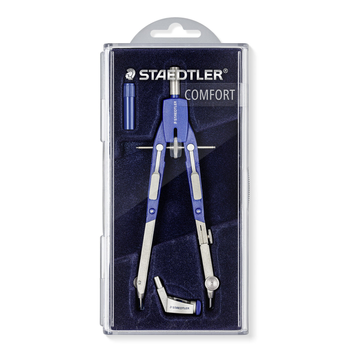 Staedtler Mars comfort 552 01 in its current clear case on a dark navy COMFORT card, the blue and silver quickbow compass beside a blue spares box