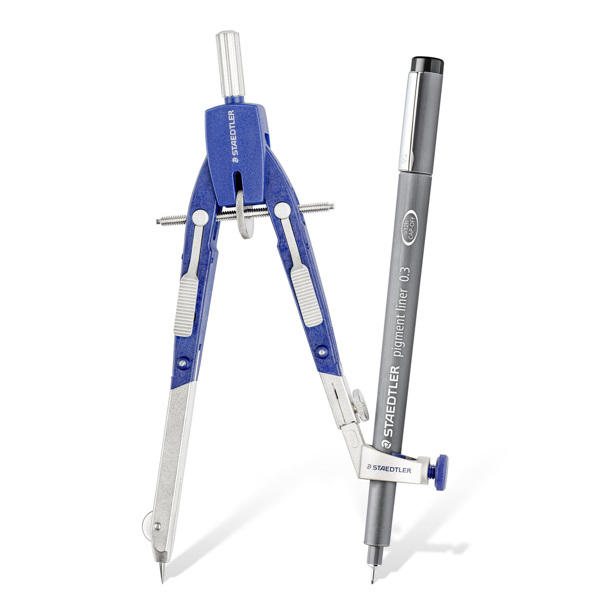 Mars comfort 552 compass with the universal adapter holding a black Staedtler fineliner as the drawing leg