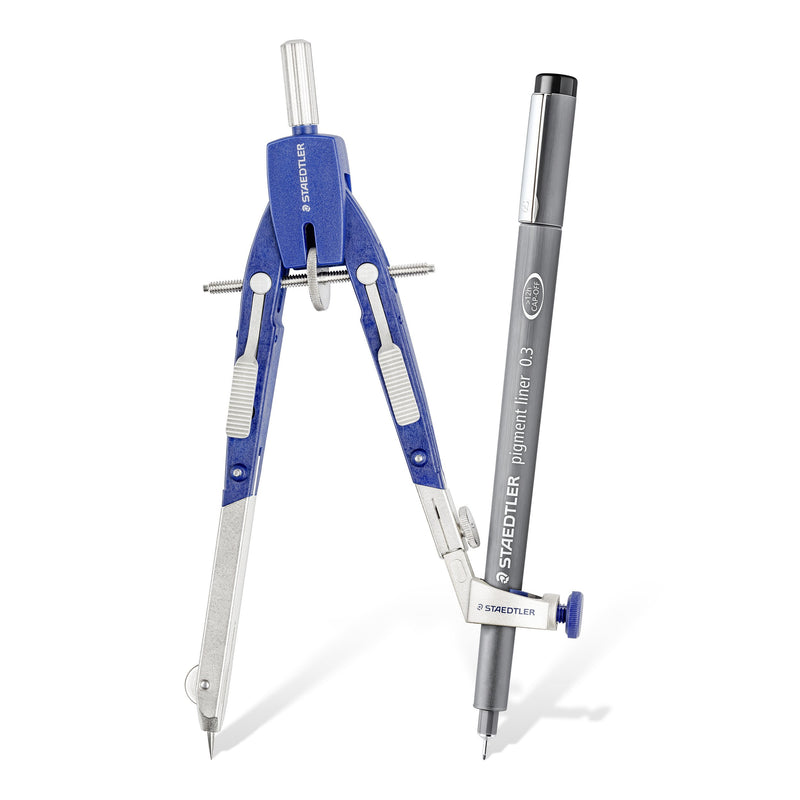 Mars comfort 552 compass with the universal adapter holding a black Staedtler fineliner as the drawing leg