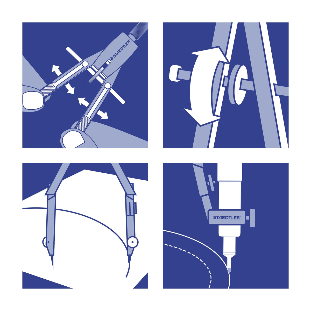 Four Staedtler pictograms in blue for the 552: push-button setting, centre wheel, hinged legs on a wide arc and universal adapter
