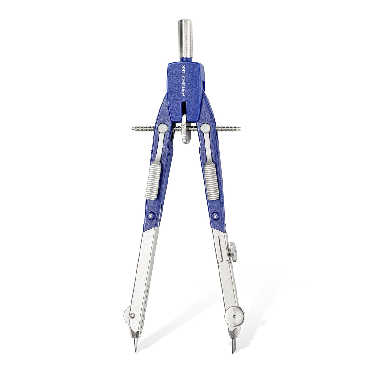 Staedtler Mars comfort 552 compass standing upright with its blue head, centre wheel spindle and silver hinged legs on a white background