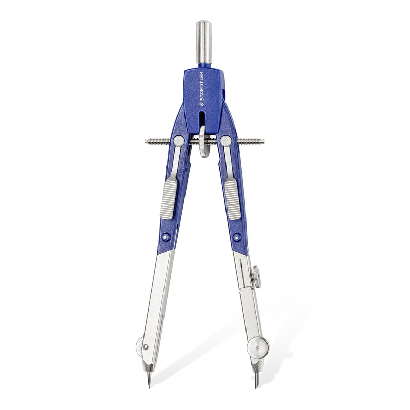Staedtler Mars comfort 552 compass standing upright with its blue head, centre wheel spindle and silver hinged legs on a white background