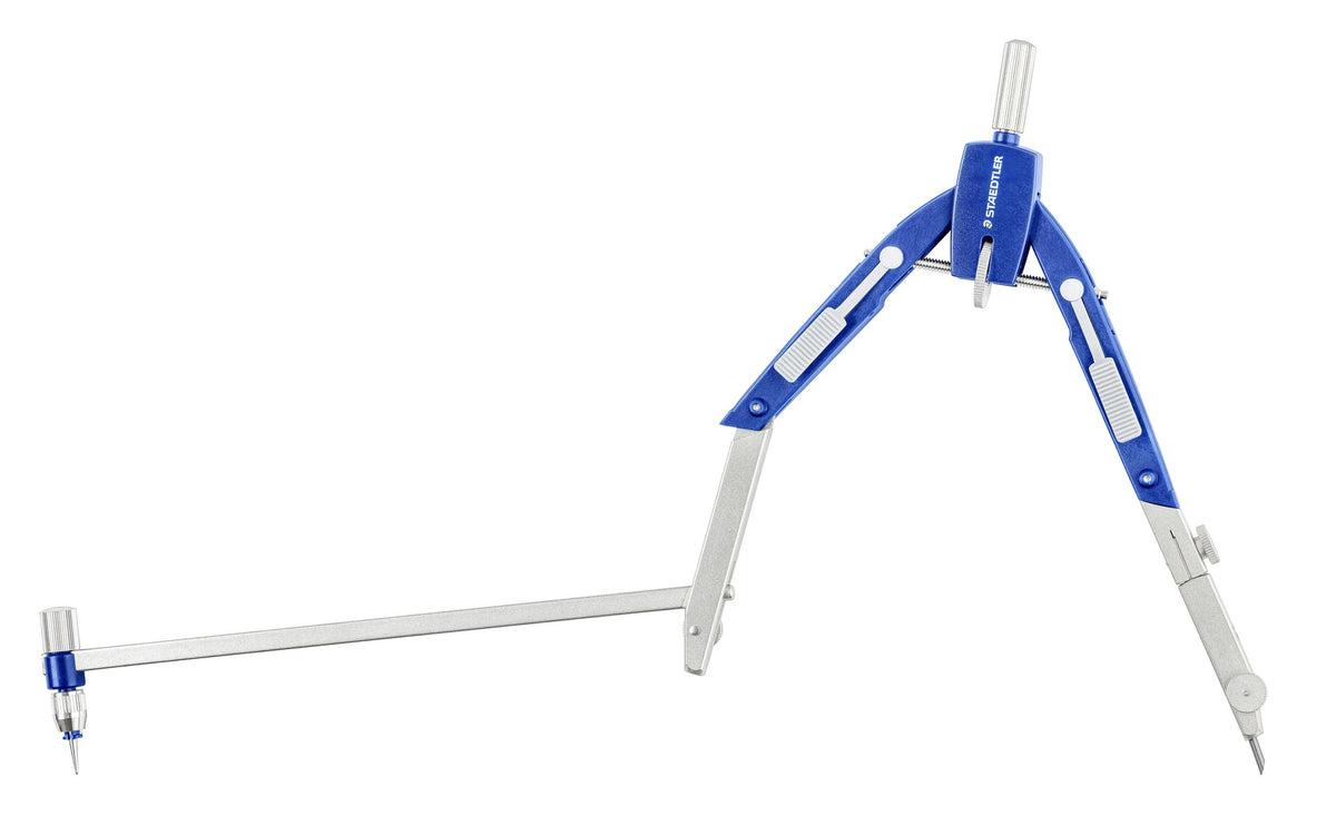 Staedtler 552 compass with the extension bar fitted to the lead side, reaching out sideways to widen the circle it can draw