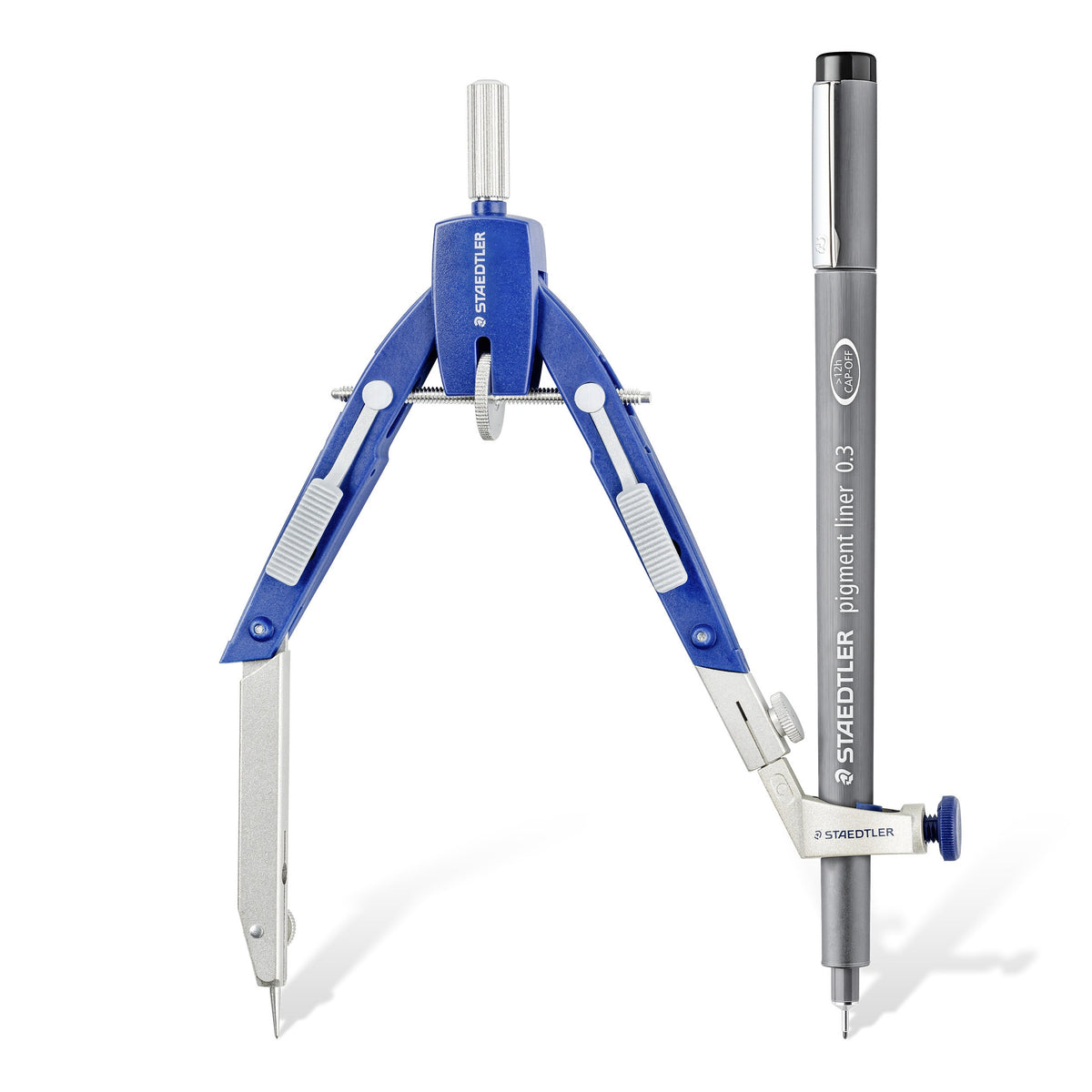Staedtler 552 compass with a grey Staedtler pigment liner clamped in the universal adapter on the lead leg