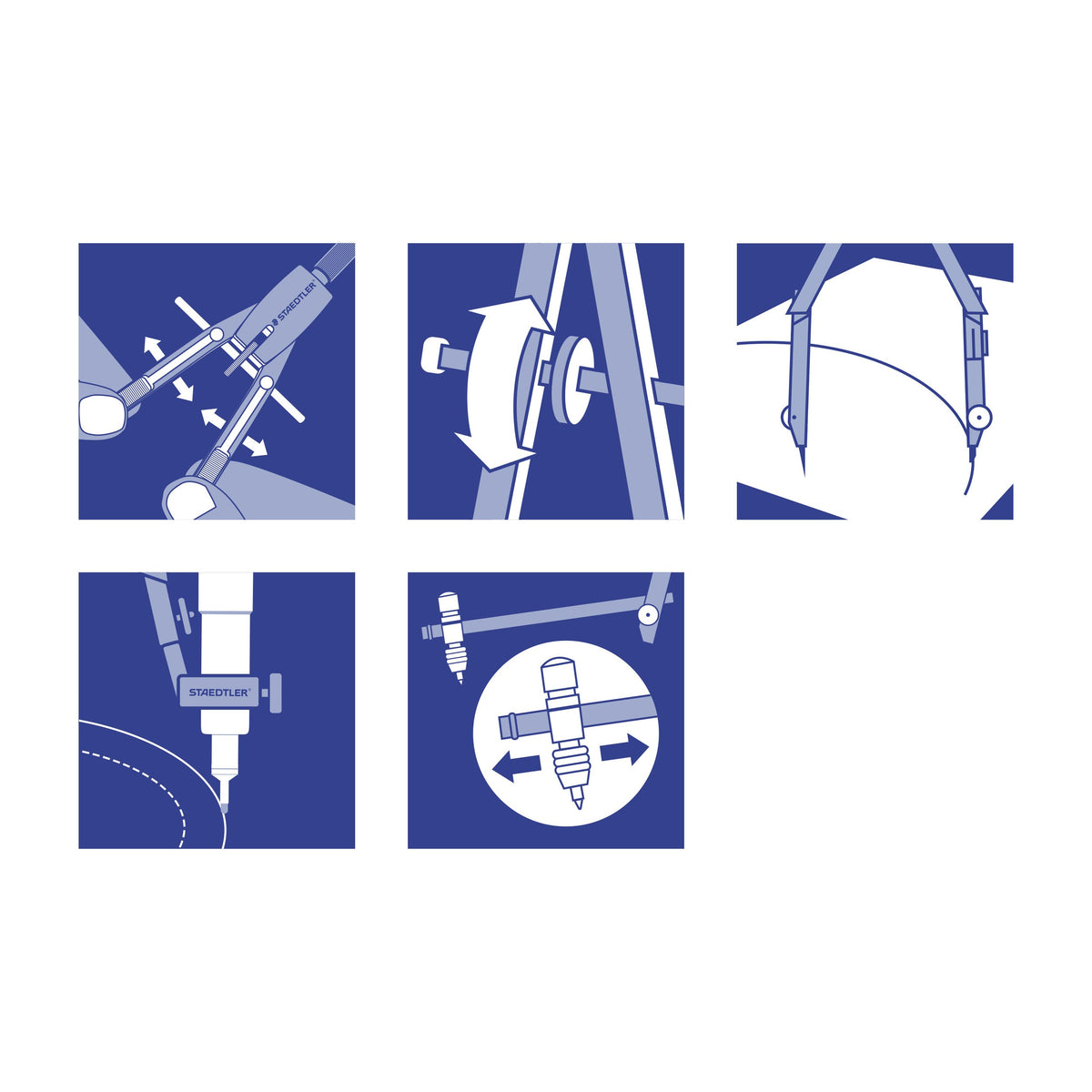 Staedtler pictograms for the 552 compass showing the push-button mechanism, centre wheel, hinged legs, universal adapter and extension bar