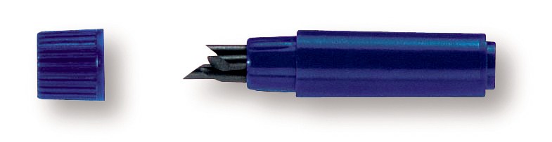 Staedtler 556 E4-HB compass lead tube in dark blue plastic, cap removed and set to one side, with the tips of the 2mm leads showing at the open end