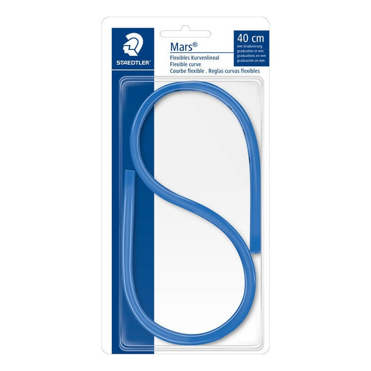 Staedtler Mars flexible curve on its blister card headed 40 cm with mm graduation, the blue curve looped into an S shape down the card