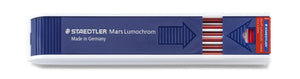 Side view of the Staedtler Mars Lumochrom 204-2 tray, navy case printed Made in Germany with red and white leads and a red end label