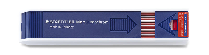 Side view of the Staedtler Mars Lumochrom 204-2 tray, navy case printed Made in Germany with red and white leads and a red end label