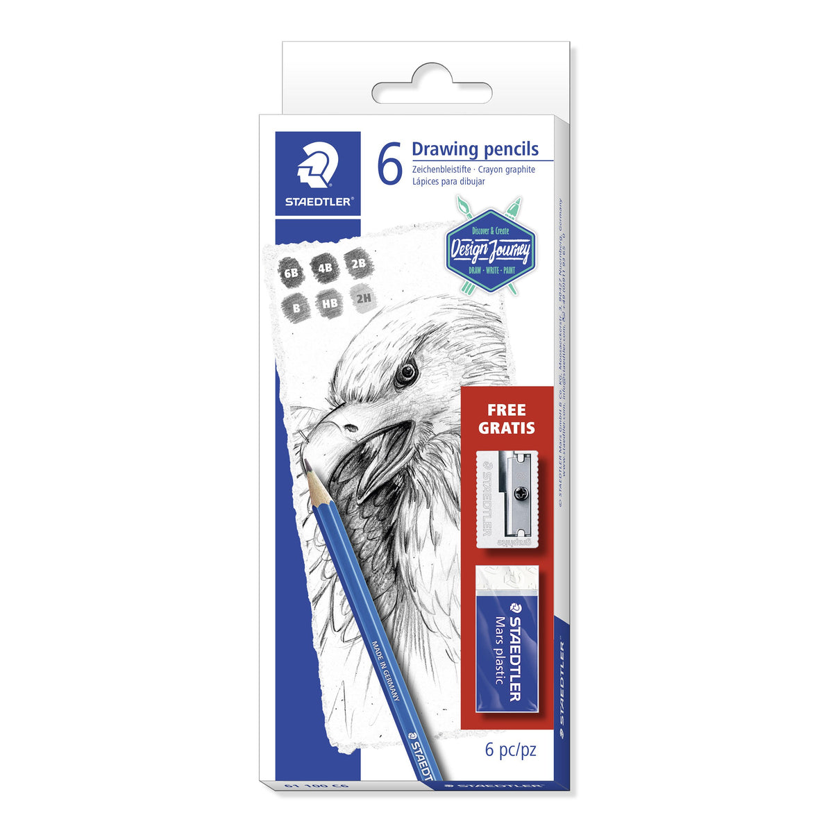 Current Staedtler 6 drawing pencils box for the Mars Lumograph 61 100 C6 set, with an eagle sketch, red free sharpener and eraser panel