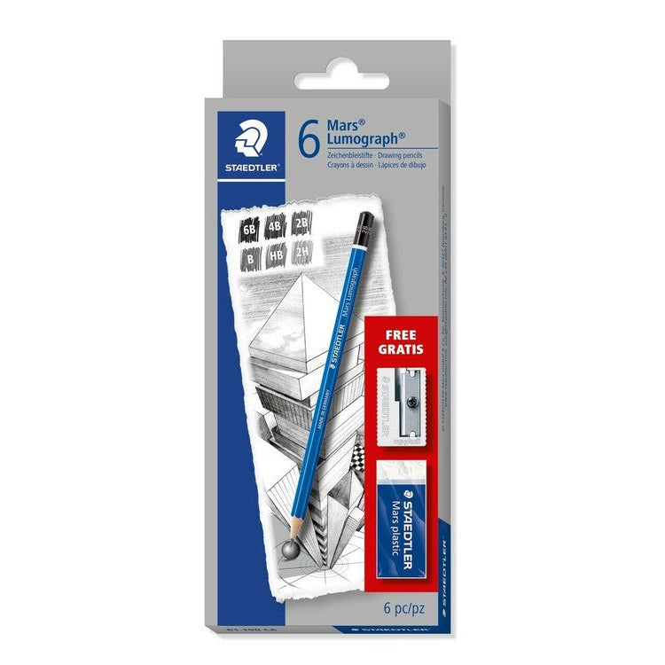 Earlier Staedtler Mars Lumograph 6 drawing pencils box with grade swatches, a geometric sketch and a red panel showing the sharpener and eraser
