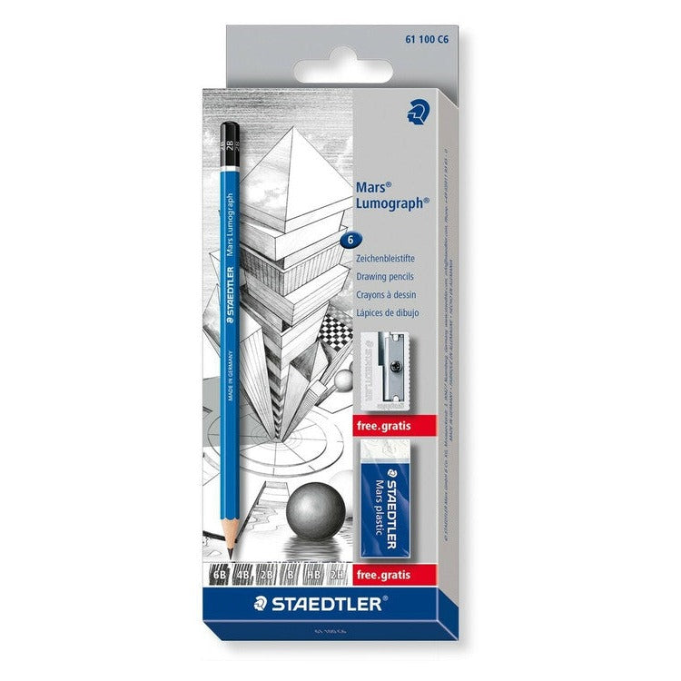Older Staedtler Mars Lumograph 61 100 C6 box with a tall blue pencil over grey geometric shapes and a sharpener and eraser at the bottom